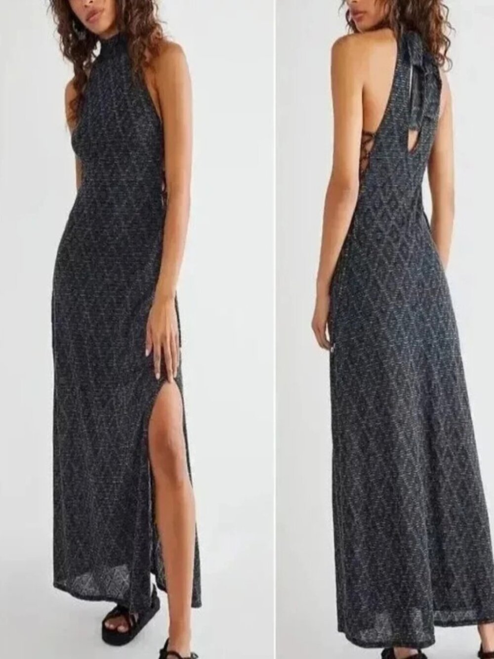 Free People Frankie Maxi Halter Dress Navy Blue Tan Lined Size Large